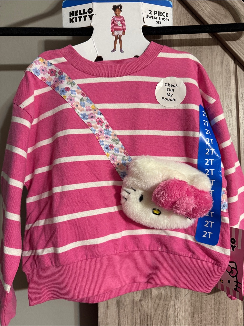 Hello Kitty Pink and White Striped Sweatshirt Set with Plush Crossbody Pouch